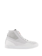 Alpinestars Stated Schuhe, Urbane Motorradschuhe, Weiß und Cool Gray, High-Top-Sneaker mit geripptem Strickkragen, Obermaterial aus Nubuk und Canvas, weiße vulkanisierte Gummisohle, minimalistisches Retro-Design mit rotem Logo auf der Zunge