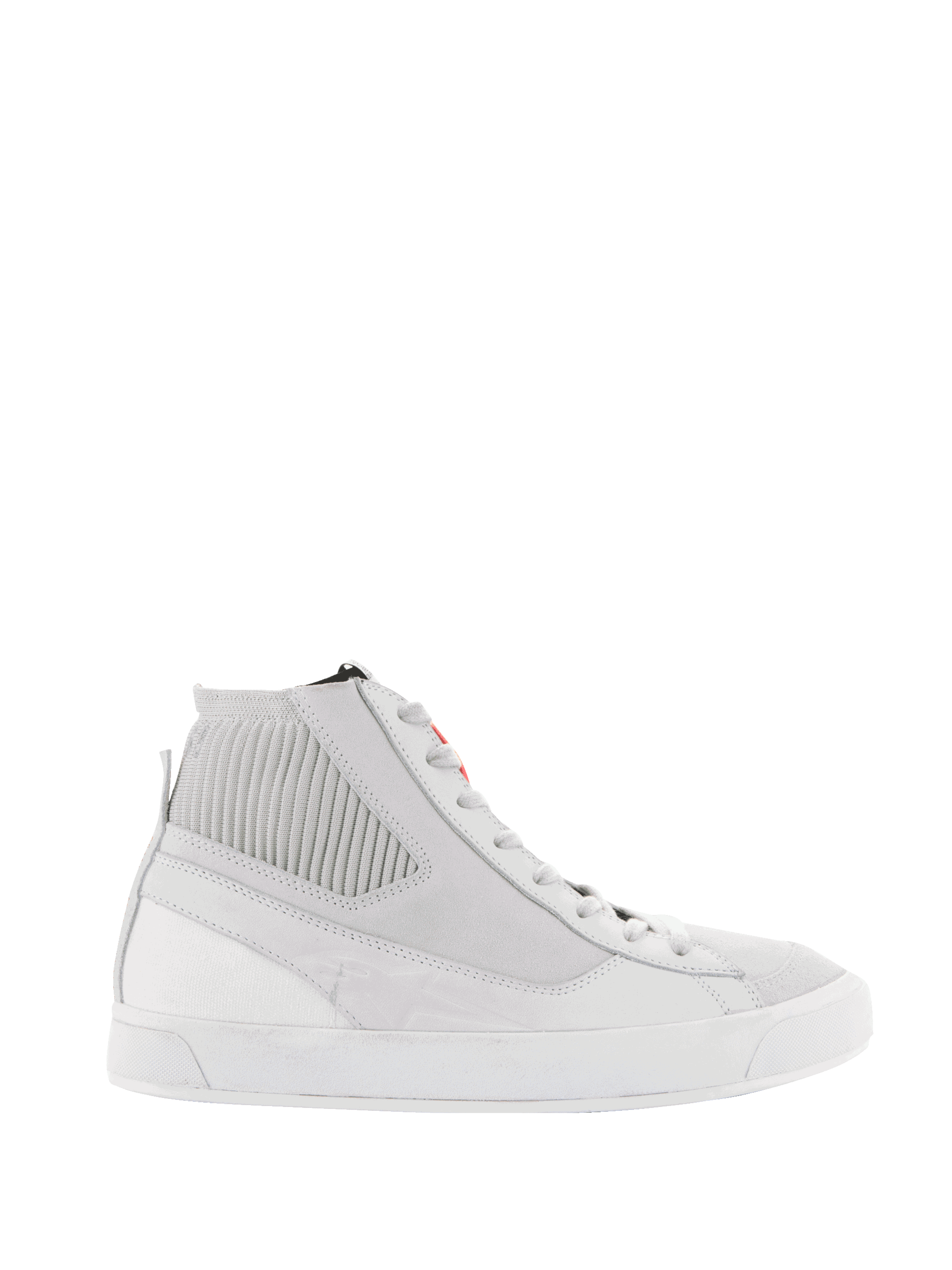 Alpinestars Stated Schuhe, Urbane Motorradschuhe, Weiß und Cool Gray, High-Top-Sneaker mit geripptem Strickkragen, Obermaterial aus Nubuk und Canvas, weiße vulkanisierte Gummisohle, minimalistisches Retro-Design mit rotem Logo auf der Zunge