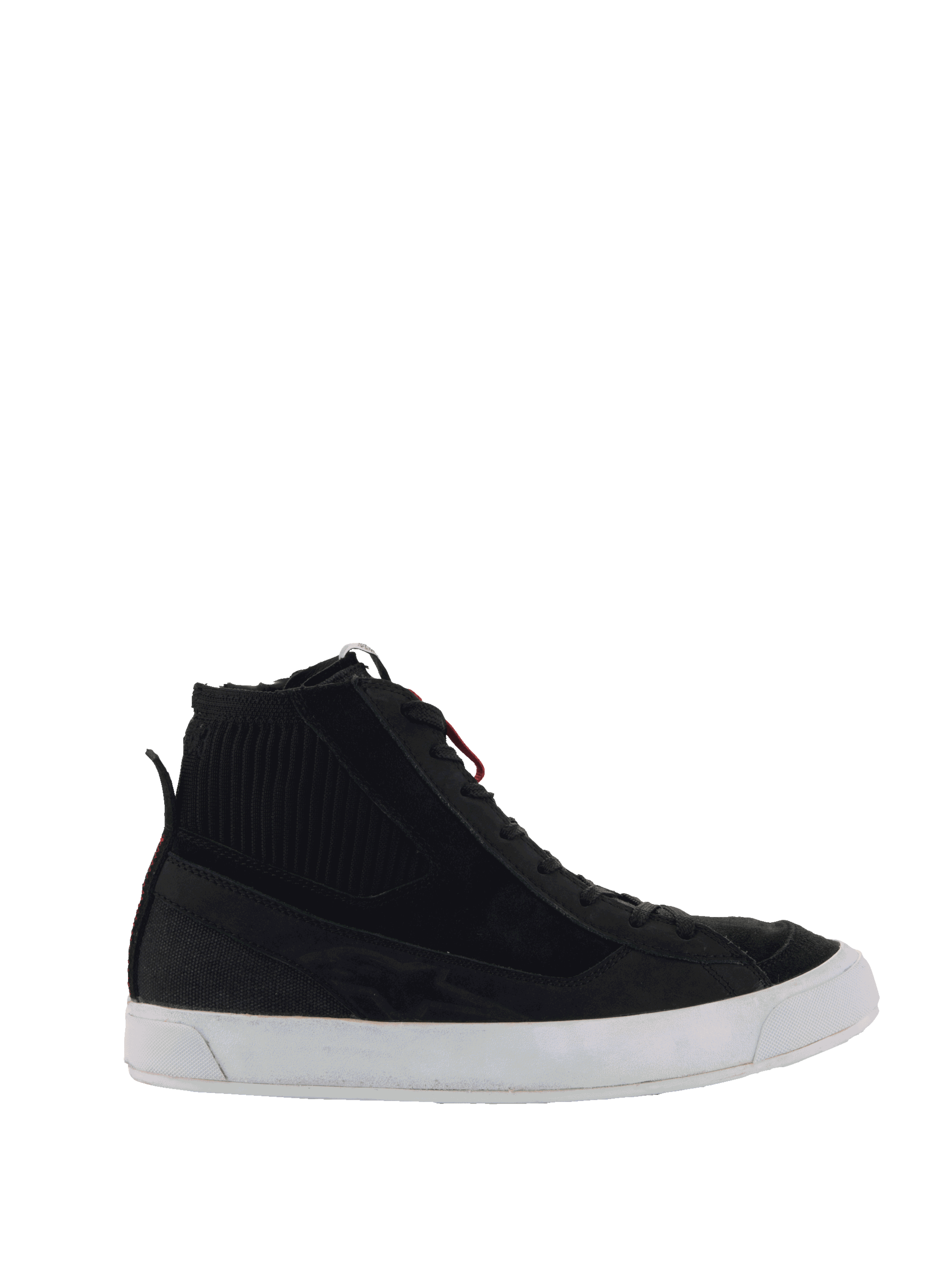 Alpinestars Stated Schuhe, hohe Motorrad-Sneaker, Schwarz und Weiß, geripptes Knöcheldetail, rote Schnürsenkel-Akzente, weiße vulkanisierte Sohle, lässige urbane Motorradschuhe