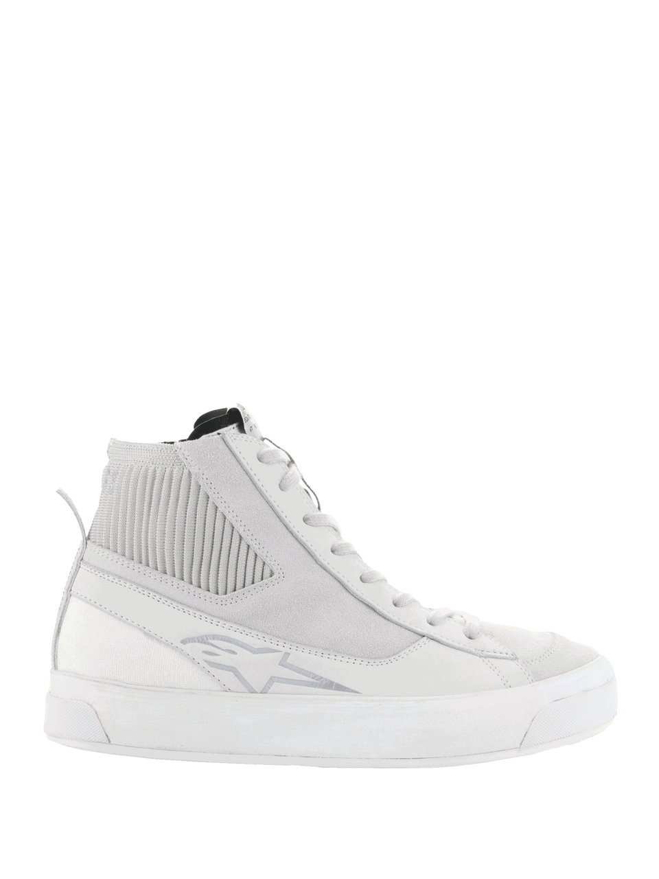 Alpinestars Stella Stated Podium Shoes, Women's High-Top Sneakers, Light Gray and White, textured ribbed ankle panel, lace-up design, thick white sole, subtle logo detail, mixed fabric and synthetic materials