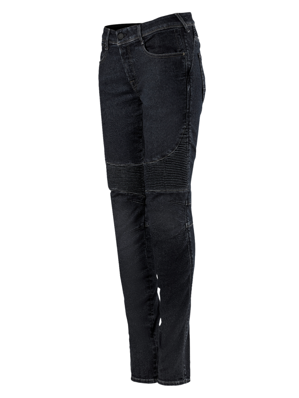 Alpinestars Stella Callie Denim, Women's Motorcycle Pants, Black Waxed, slim fit featuring ribbed accordion panels above the knees, contemporary urban design, side profile view