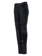 Alpinestars Stella Callie Denim, Women's Motorcycle Pants, Black Waxed, slim fit featuring ribbed accordion panels above the knees, contemporary urban design, side profile view