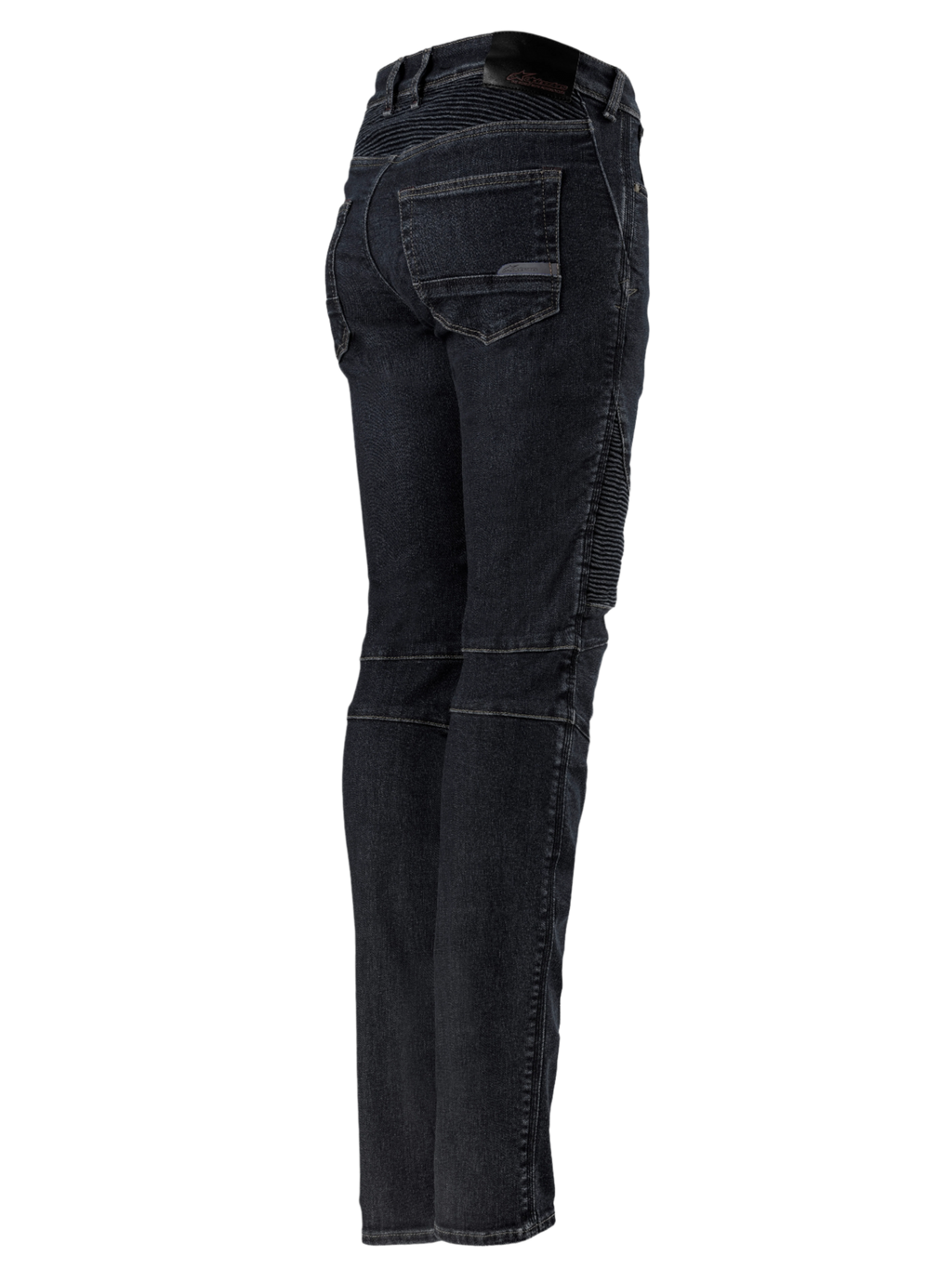 Alpinestars Stella Callie Denim, Women's Motorcycle Pants, Black Waxed, rear and side profile featuring accordion stretch panels on the waist and knees, slim fit with back pockets and logo patch