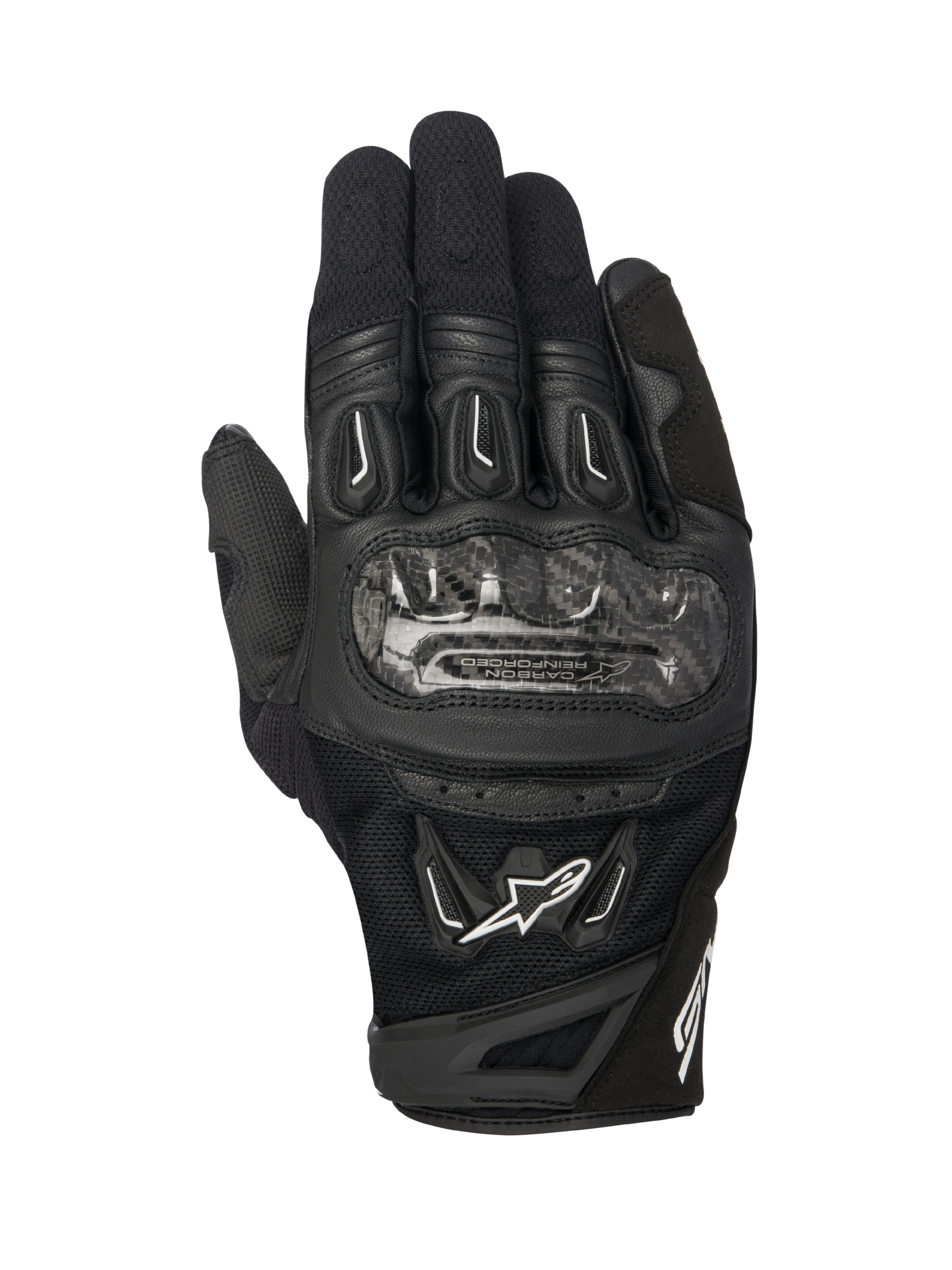 Alpinestars SMX-2 Air Carbon V2 Handschuhe, schwarze Motorradhandschuhe, Draufsicht mit Carbon-Knöchelprotektoren, atmungsaktives 3D-Mesh und Lederpaneele, weißes Alpinestars-Logo und kurzes Stulpendesign