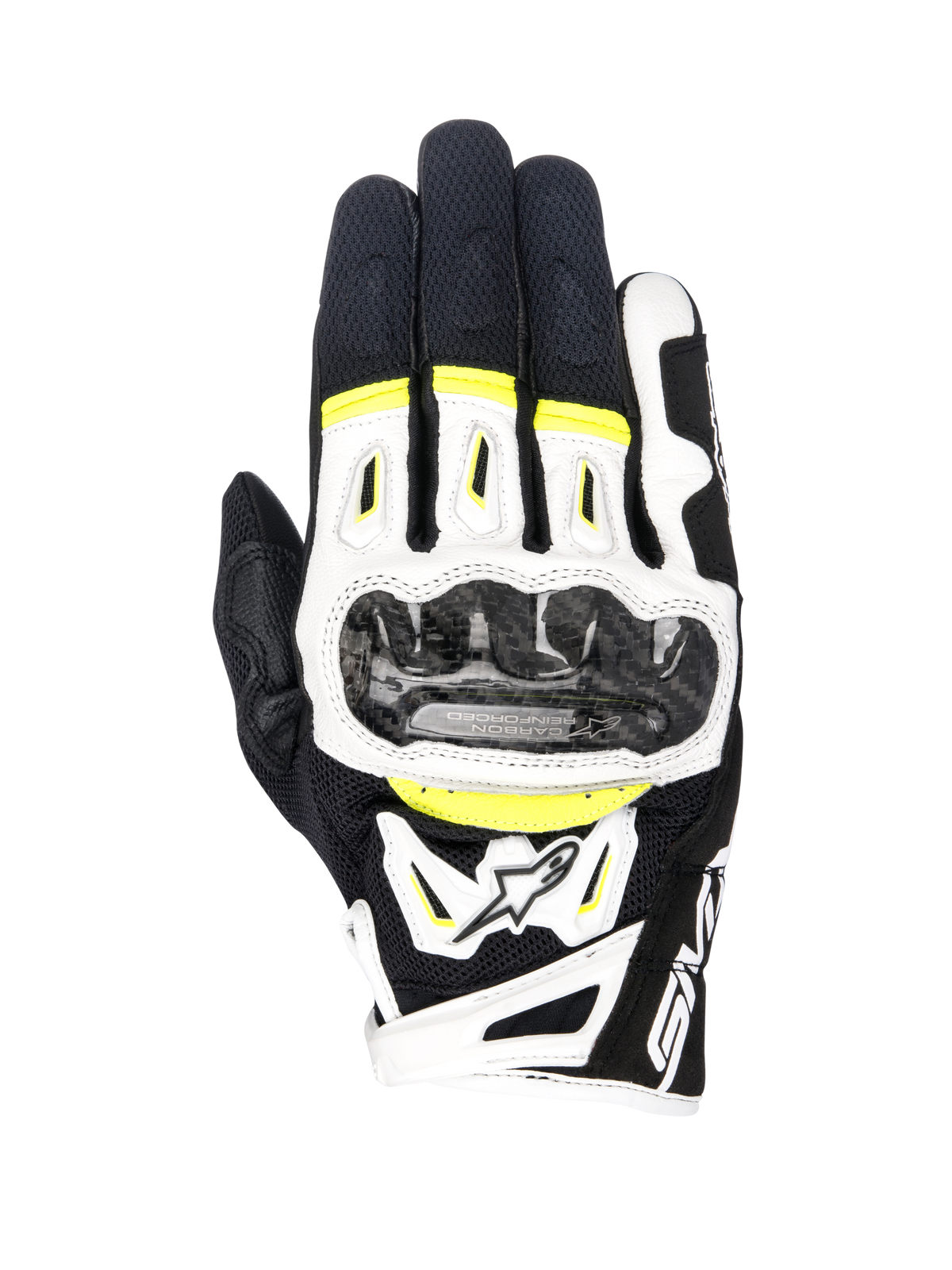 Alpinestars SMX-2 Air Carbon V2 Gloves, Motorcycle Sport Gloves, Black White and Yellow Fluo, featuring carbon fiber reinforced knuckle guards, breathable 3D mesh, and white leather paneling on the back of the hand