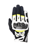Alpinestars SMX-2 Air Carbon V2 Gloves, Motorcycle Gloves, Black White and Yellow Fluo, featuring carbon fiber knuckle guards, 3D mesh and leather construction, sporty road gear with fluorescent accents