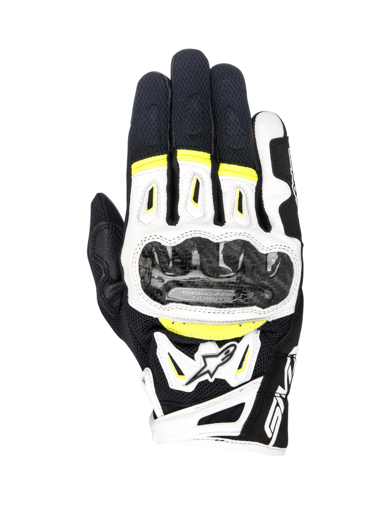 Alpinestars SMX-2 Air Carbon V2 Handschuhe, Motorradhandschuhe, Schwarz, Weiß und Gelb Fluo, mit Carbon-Knöchelschutz, 3D-Mesh- und Lederkonstruktion, sportliche Straßenausrüstung mit fluoreszierenden Akzenten