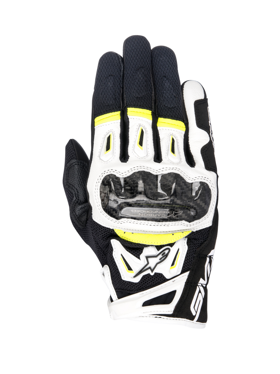 Alpinestars SMX-2 Air Carbon V2 Gloves, Motorcycle Gloves, Black White and Yellow Fluo, featuring carbon fiber knuckle guards, 3D mesh and leather construction, sporty road gear with fluorescent accents
