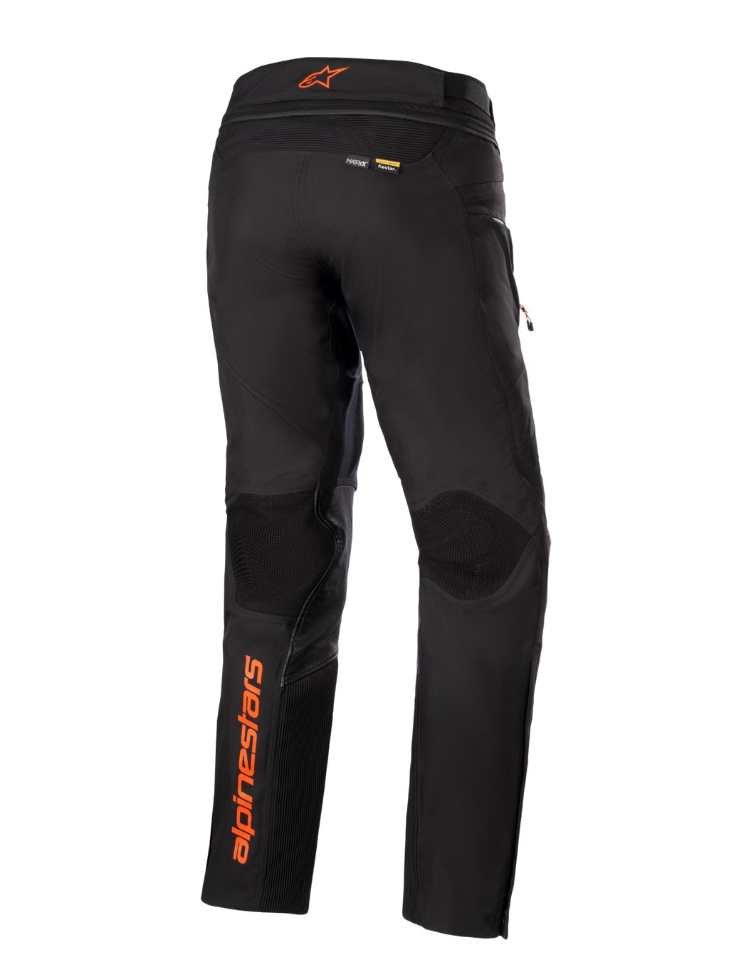 Alpinestars AMT-10R Drystar® XF Pants, Black with orange accents, rear view showing vertical orange Alpinestars logo on the left leg, textured knee panels, and Kevlar and Matryx branding, technical adventure touring motorcycle pants.