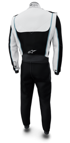 Alpinestars Tech Vision V3 Auto Racing Suit, rear view in black and white with blue accents, FIA/SFI certified Nomex.