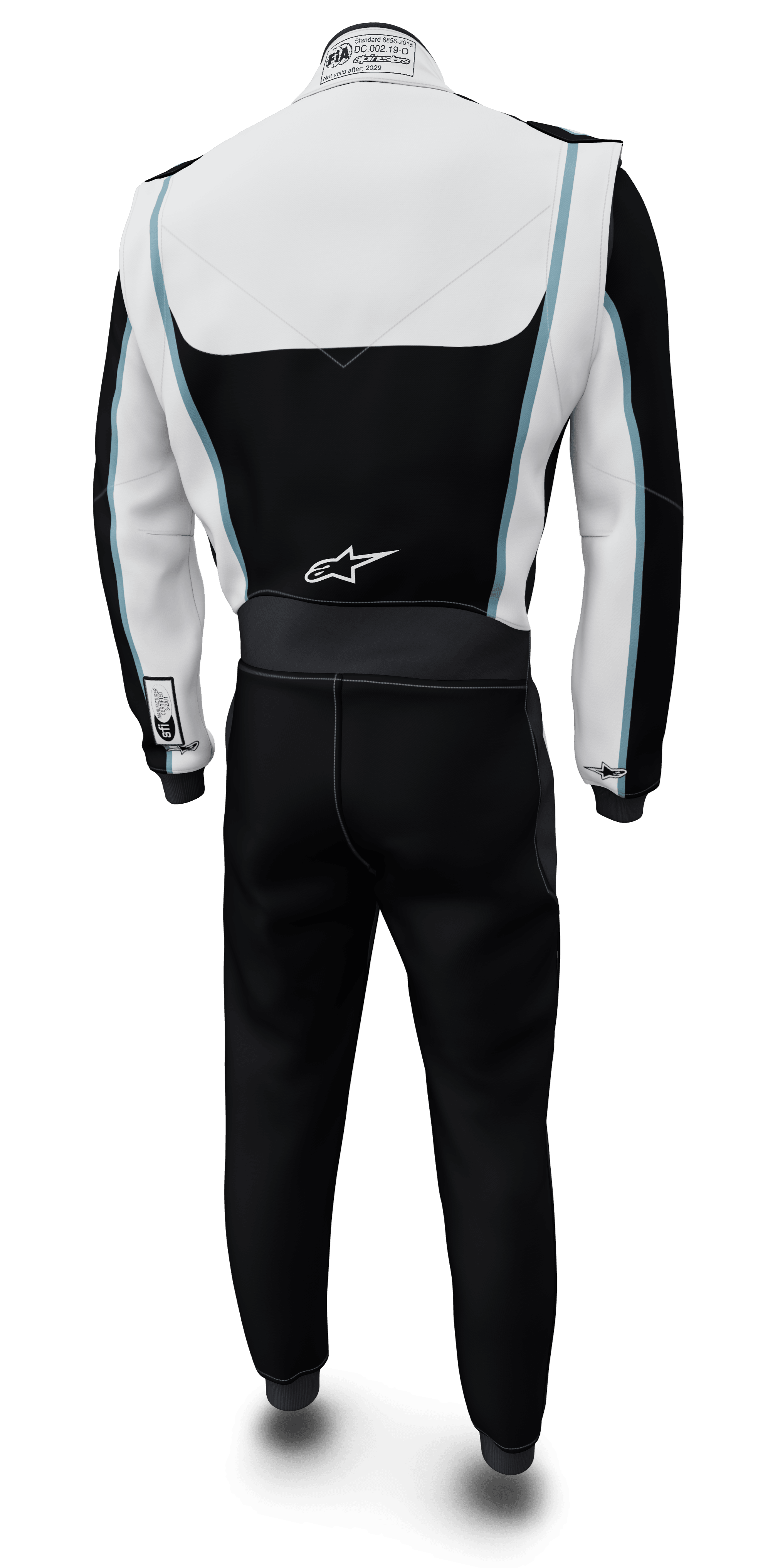 Alpinestars Tech Vision V3 Maßgeschneiderter Anzug, Auto-Rennanzug, Schwarz-Weiß, Nomex, FIA/SFI-zertifiziert, Rückansicht