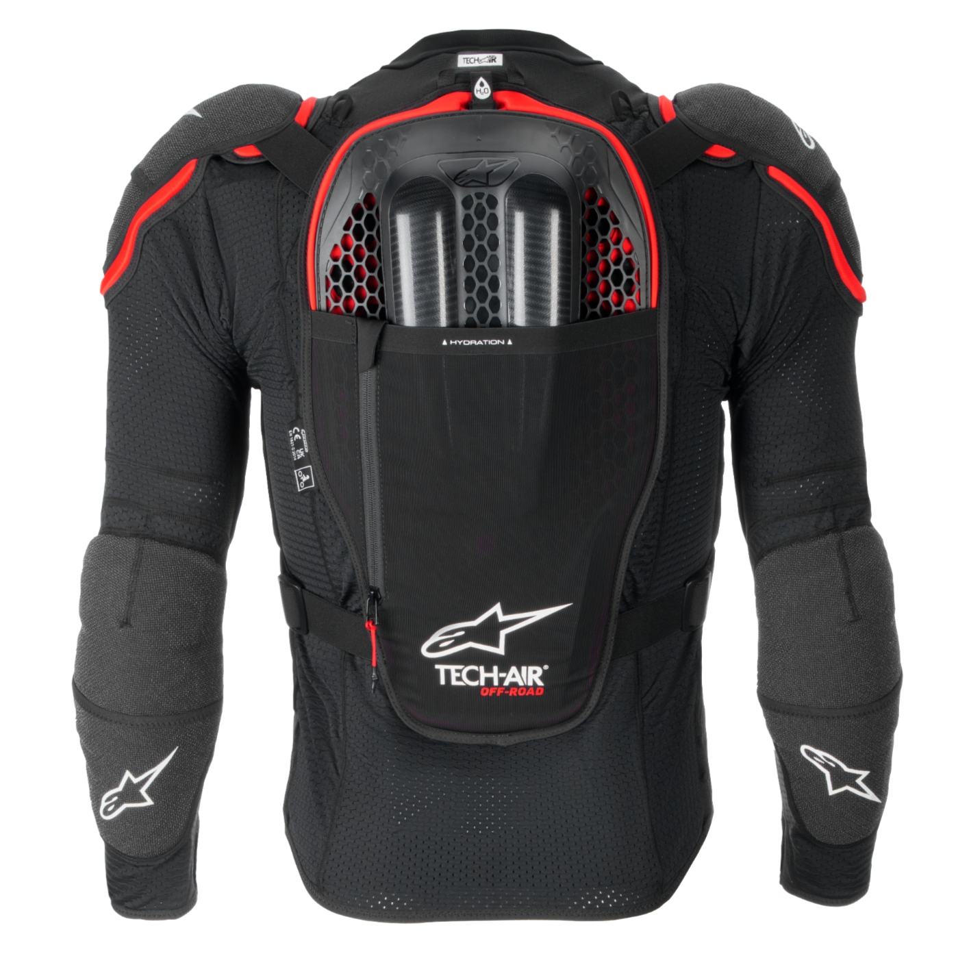 Tech-Air® Off-Road Airbag-System in Schwarz-Rot, Rückansicht mit Nucleon CELL Rüstung und integrierter Trinksystem-Tasche.