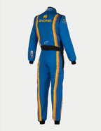 Alpinestars Tech Vision V3 Custom Suit, professioneller Rennanzug, Rückansicht in Blau mit orangefarbenen und gelben Streifen, mit „RACING“-Branding und Alpinestars-Sternlogo, schwarze Stretcheinsätze an der Taille und schwarze Bündchen, leichte und atmungsaktive Motorsport-Ausrüstung
