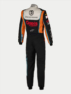 Alpinestars Tech Vision V3 Maßanzug, feuerfester Auto-Rennanzug, Schwarz und Orange, Nomex, FIA-zertifiziert, Rückansicht.