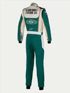 Alpinestars Tech Vision V3 Maßgeschneiderter Anzug, professioneller Auto-Rennanzug, Unisex, Rückansicht in Grün und Weiß mit Gold-Akzenten, FIA-zertifiziert, flammhemmendes Nomex-Material.