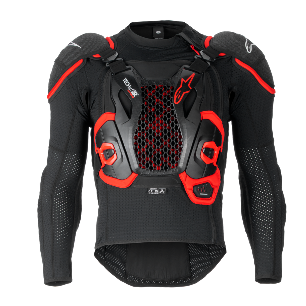 Tech-Air® Off-Road Airbag-System, schwarz-rote Schutzjacke mit hexagonalem Mesh-Brustpanel und gepolsterten Schultern.