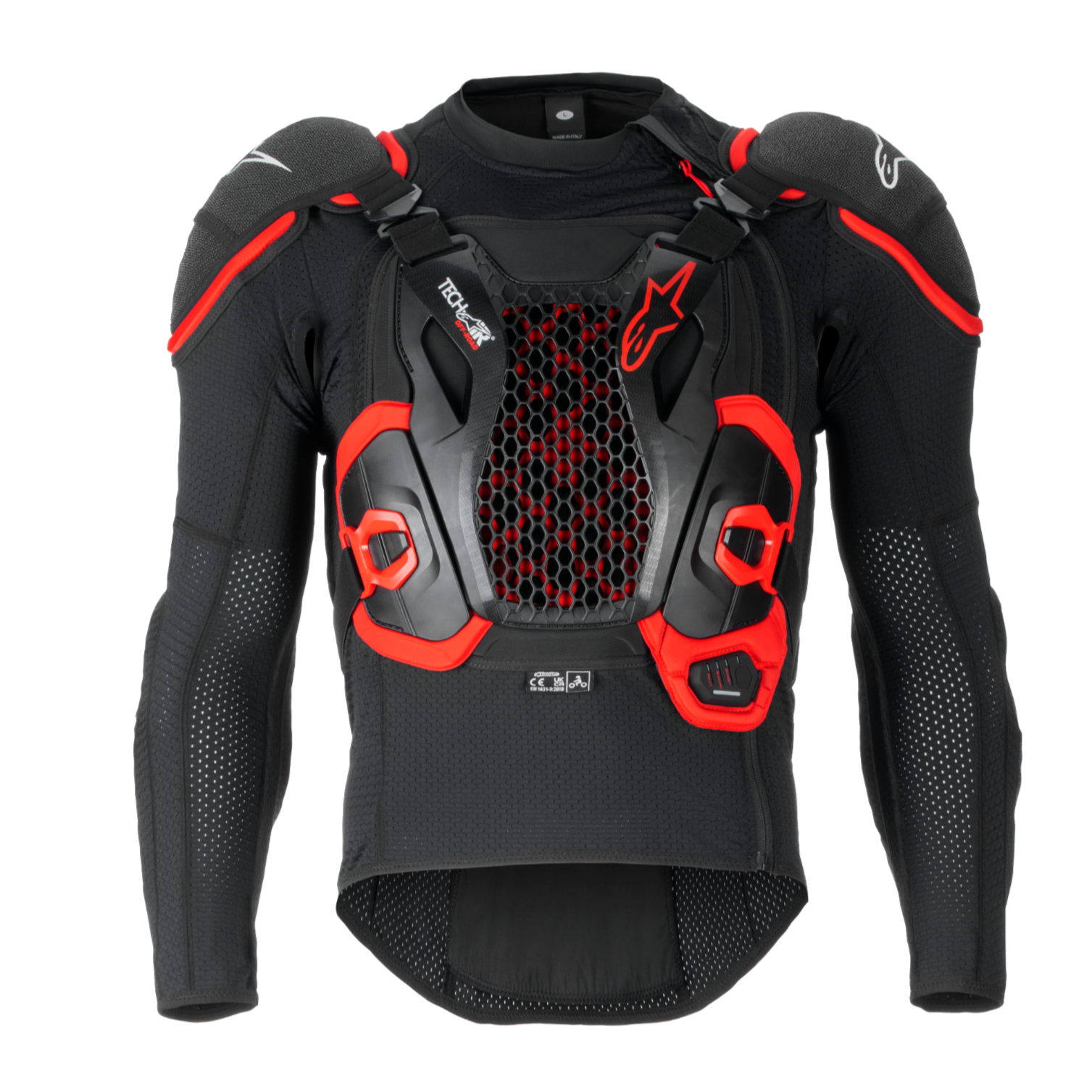 Tech-Air® Off-Road Airbag-System, schwarz-rote Schutzjacke mit hexagonalem Mesh-Brustpanel und gepolsterten Schultern.