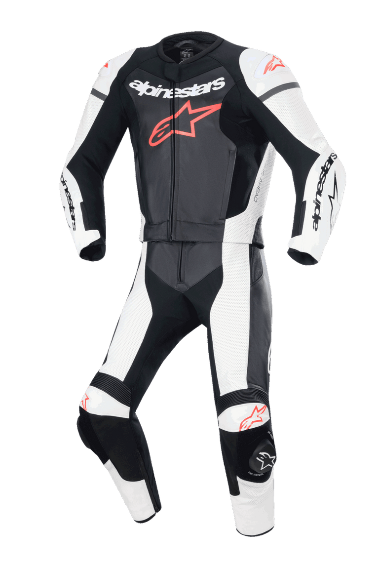Alpinestars GP Force Lurv 2-teilige Lederkombi, Zweiteiliger Motorrad-Rennanzug, Schwarz, Weiß und Rot Fluo, mit markantem Alpinestars-Branding auf der Brust, perforierten Lederbahnen für Belüftung und integrierten Protektoren für Trackday-Performance