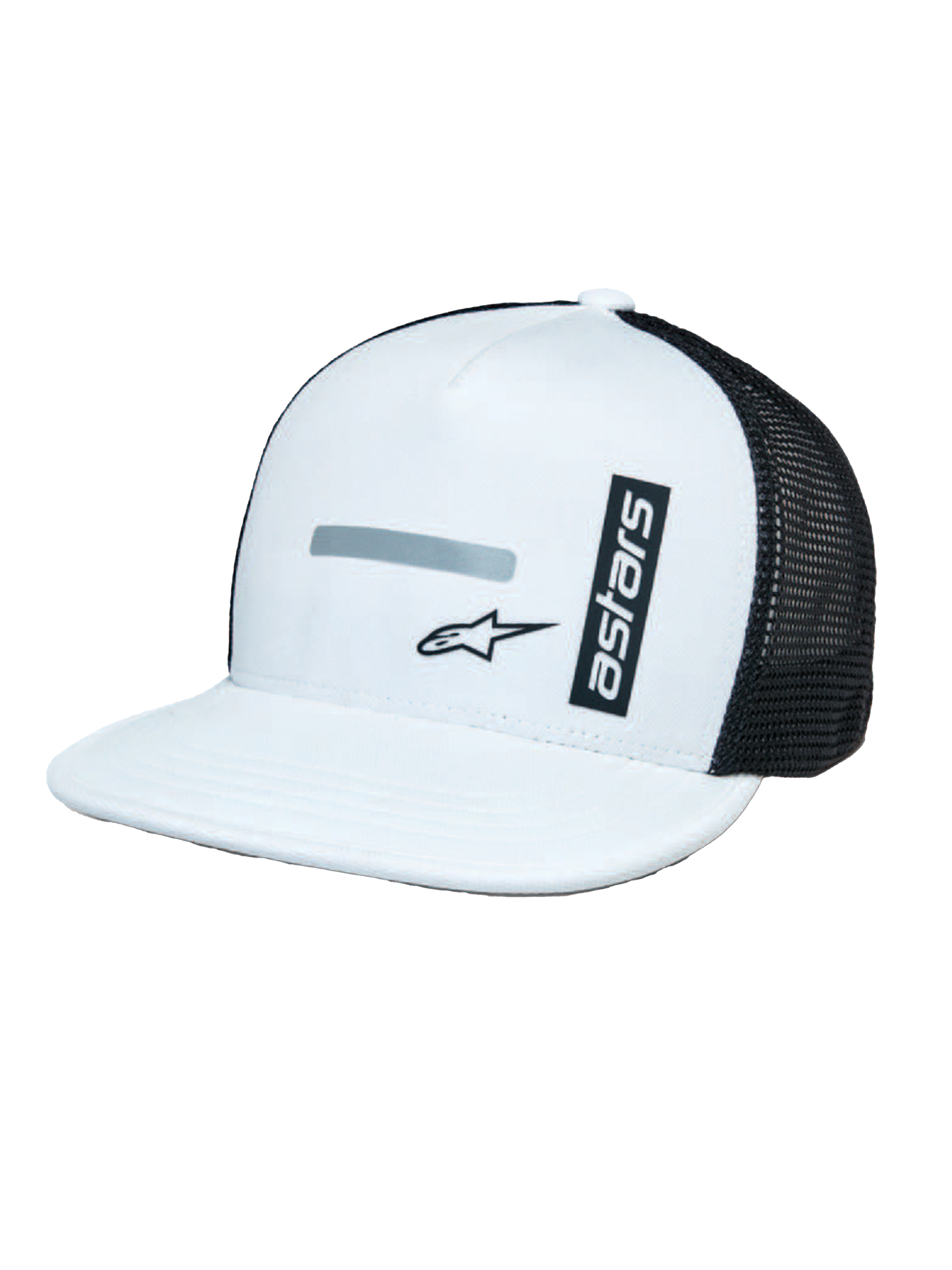 Alpinestars Alter Trucker Hat, Weiß und Schwarz, strukturierte weiße Krone und flacher Schirm, schwarze Mesh-Rückseite, vertikales „astars“-Branding und reflektierender Logo-Print, lässige Motorsport-Kopfbedeckung