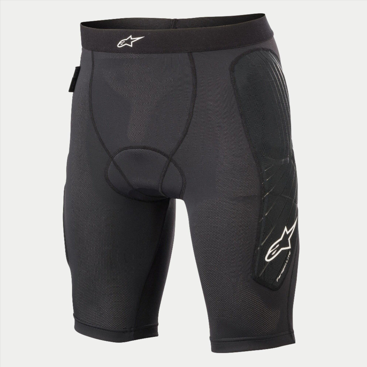 Alpinestars Jugend Paragon Lite Protektorenshorts, Radsport-Protektorenshorts, Schwarz, mit atmungsaktivem Mesh-Gewebe, integrierter Hüftpolsterung, weißem Alpinestars-Logo am Bund und am seitlichen Bein, leichte Protektoren-Unterhose für MTB