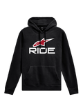 Alpinestars Ride Hoodie V 3, lässige Sportbekleidung, schwarz mit weißem RIDE-Schriftzug und rotem Stern-Logo, Kängurutasche vorne, Kapuze mit Kordelzug, Rippbündchen an Ärmeln und Saum, Motorsport-inspiriertes Design