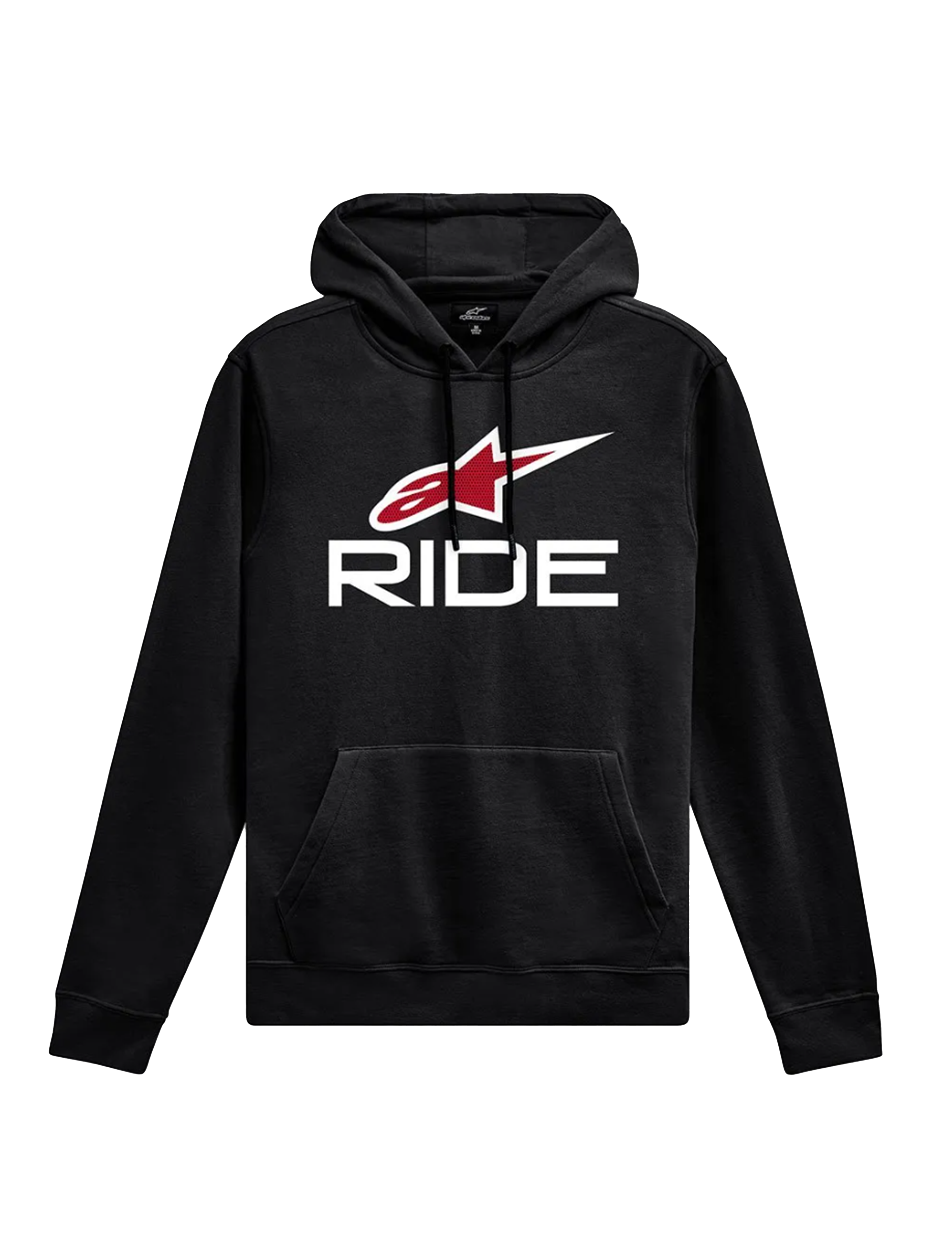 Alpinestars Ride Hoodie V 3, casual sportswear, black with white RIDE text and red star logo, kangaroo front pocket, drawstring hood, ribbed cuffs and hem, motorsport-inspired design