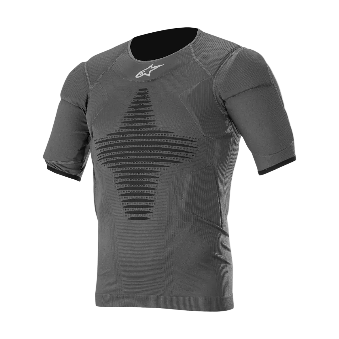 Alpinestars Roost Tech-Layer Oberteil, Motocross und Offroad Funktionsunterhemd für Herren, Anthrazit Schwarz, Kurzarm, atmungsaktives Strickgewebe mit strategisch platzierten Polsterzonen für Roost-Schutz.