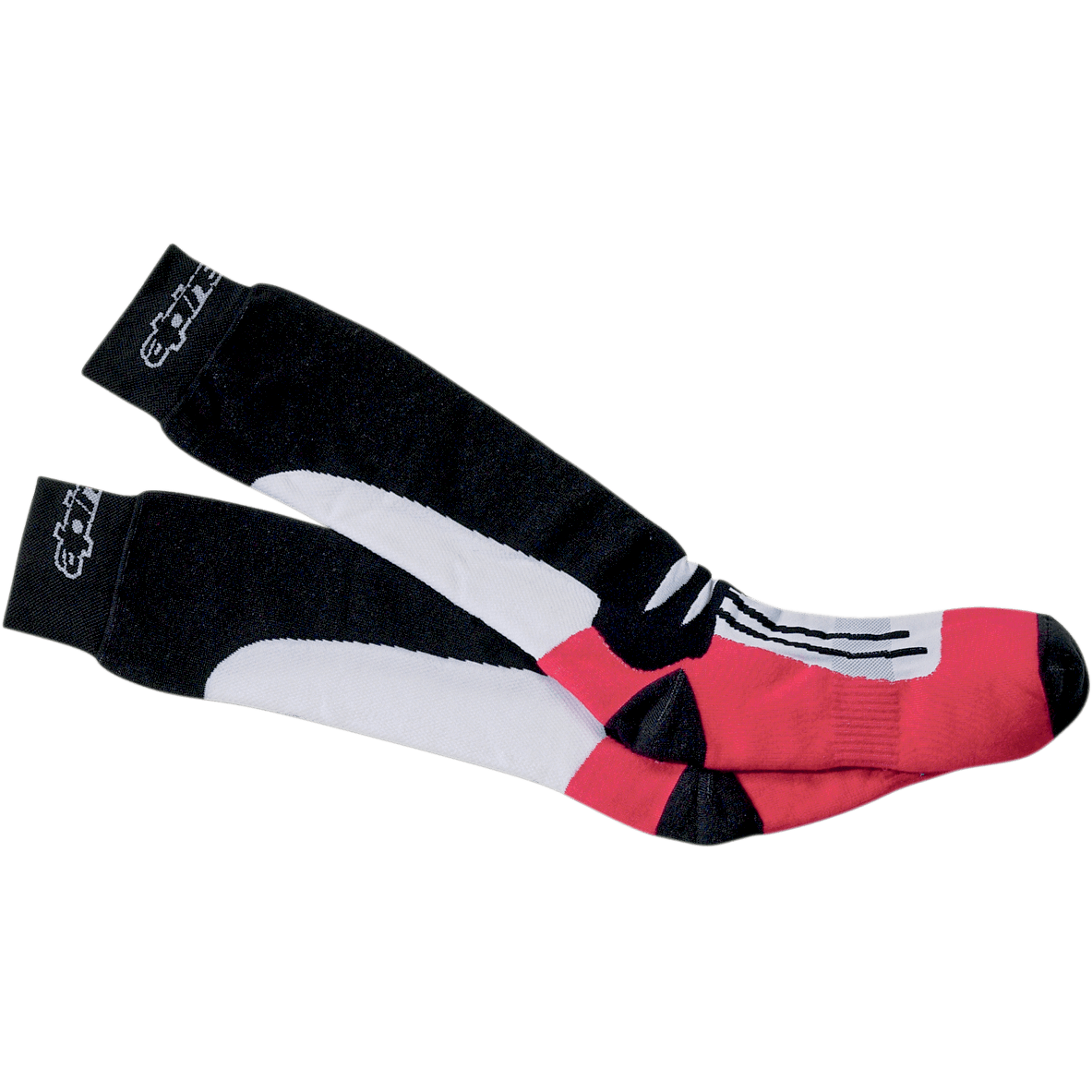 Alpinestars Road Racing Summer Socks, Schwarz, Weiß und Rot, wadenlange Motorrad-Rennsocken mit schwarzen Bündchen und weißem Logo, weißer grafischer Mittelteil und roter Fußbereich, atmungsaktive sportliche Konstruktion