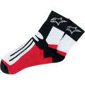 Alpinestars Road Racing Socken (über dem Knöchel), Motorrad-Rennsocken, Schwarz, Weiß und Rot, mit weißem Stern-Logo auf dem schwarzen Bund, schwarzen Streifen auf dem weißen Fußteil, roten Einsätzen, sportliches Performance-Design für den Motorsport