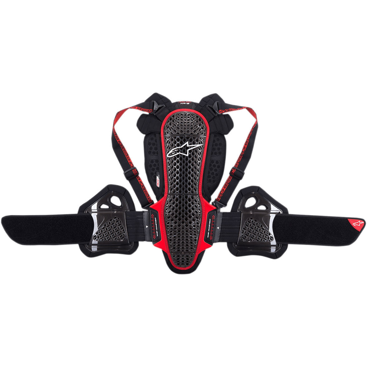 Alpinestars Nucleon KR-3 Back Protector, Motorcycle Back Protector, Smoke Black and Red, featuring an ergonomic lattice shell design with a white logo, adjustable shoulder straps, and a wide kidney belt with side rib protection, designed for impact absorption and breathability.