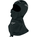 Alpinestars Winter Touring Balaclava, Black motorcycle balaclava with white logos, features an extended waterproof neck skirt, flat-lock seams and nose ventilation holes, cold weather under-helmet protection